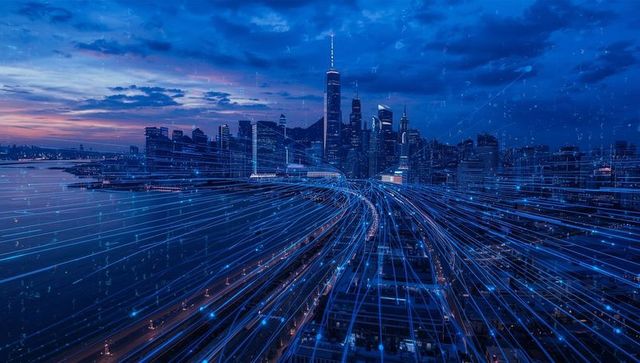 Cityscape Ocurring with Blue Data Trails and Futuristic Technology