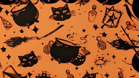 Halloween Black Cats and Witches Brew Pattern on Orange