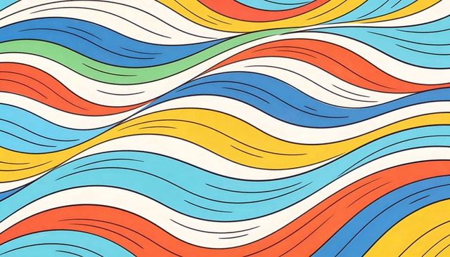 Vibrant Retro Wavy Stripes Pattern with Hand-Drawn Black Strokes and Paper Texture