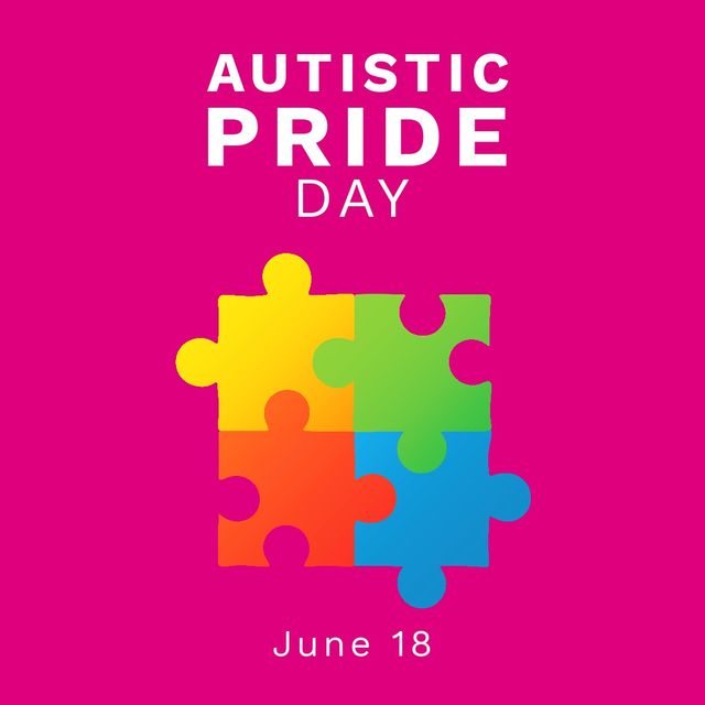 Autistic pride day text over colorful puzzle pieces and date on magenta background with copy space. digital composite, creative, pride celebration and awareness concept.
