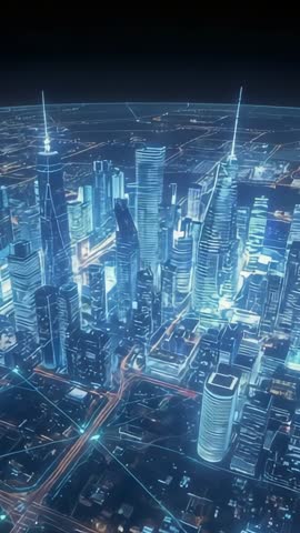 Pulling Back Over Neon Cyberpunk Metropolis Skyline with Vertical Pulsing Light Trails