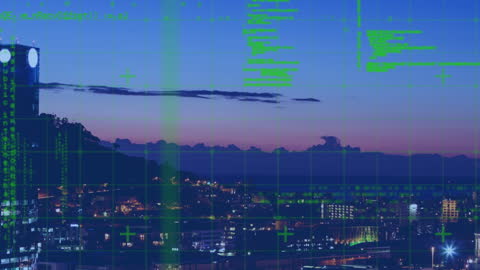 Digital Data Processing Over Cityscape at Sunset
