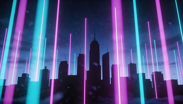 Neon cyberpunk skyline with vertical light beams and dark silhouette cityscape futuristic night