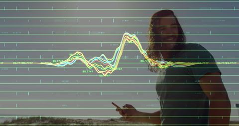 Financial Data Overlay with Happy Couple on Beach