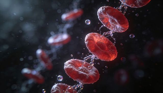Microscopic red blood cell stream flowing through microfluidic filaments photorealistic
