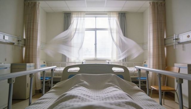 Empty hospital bed with raised rails and billowing curtains by sunlit window in ward
