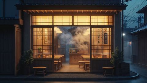 Traditional anime tea house illuminated by warm glow on cozy street