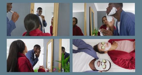 Happy biracial couple engaging in relaxing self-care routine