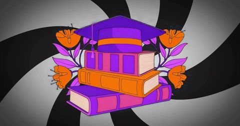 Vibrant graduation books stack with mortarboard and flowers on spiral background