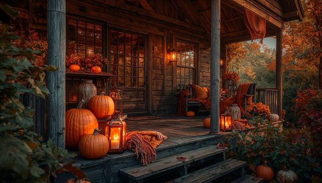 Rustic cabin porch with pumpkins and lanterns in autumn outdoor setting