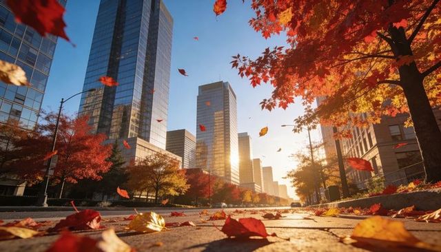 Autumn leaves drifting along downtown avenue with glass skyscrapers glowing at sunset