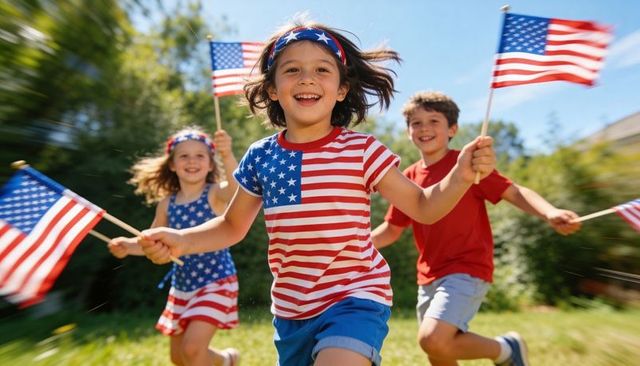 Happy kids running and waving american flags in sunny backyard fourth of july celebration