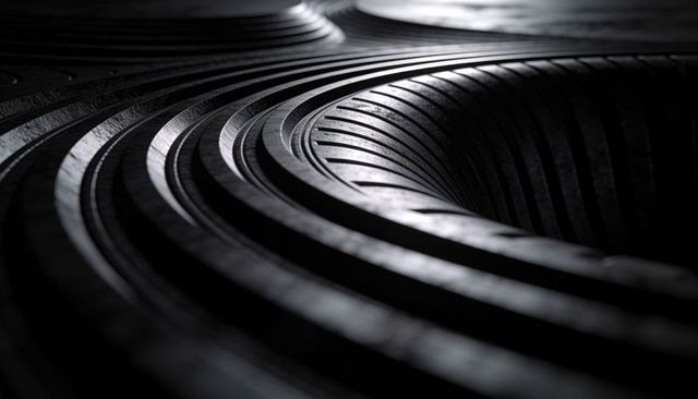 Dark ribbed metal curves creating layered abstract geometry and grooved texture for modern design