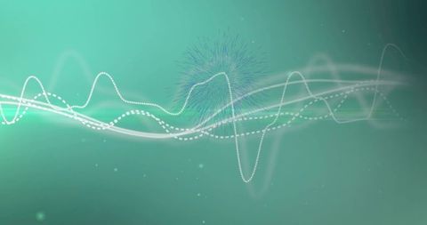 Teal waveform visualization with flowing dotted lines, glowing particles and radial burst
