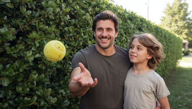 Father tossing smiling tennis ball while embracing son in sunny suburban backyard