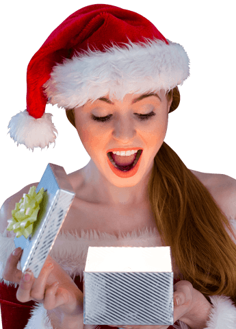 Excited woman in santa hat opening a gift on transparent background