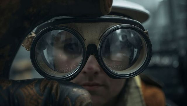 Vintage aviator with fogged goggles peering through