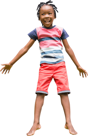 joyful boy jumping with striped shirt and coral shorts - Download Free Stock Videos Pikwizard.com