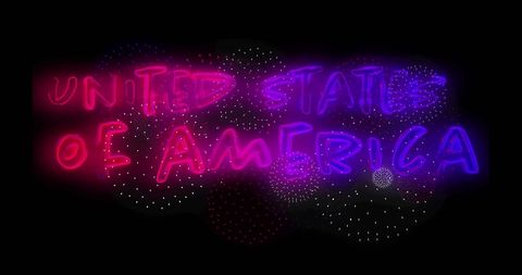 USA Sign with Neon Glow and Firework Display