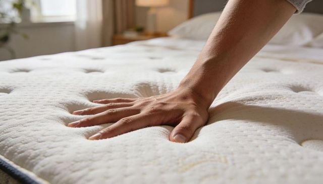 Hand pressing mattress showing memory foam indentation, quilted texture and comfort test