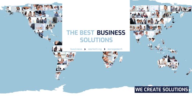 World map collage features numerous business-related images symbolizing global business solutions, teamwork, marketing, and management. Ideal for illustrating international collaboration, corporate training programs, and educational content focusing on worldwide business strategies. Can be used in presentations, reports, marketing materials, and social media showcasing global reach and diverse professional services.