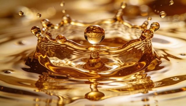 Suspending golden droplet forming crown-shaped splash above amber liquid surface