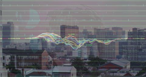 Financial Data Graph Overlaying Urban Cityscape
