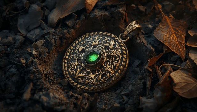 Antique bronze filigree pendant with emerald gemstone on leaf-littered forest floor