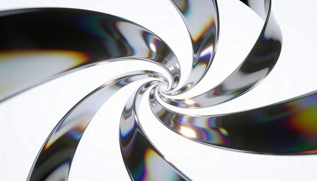 Spiraling iridescent metal ribbons forming reflective vortex with prismatic highlights