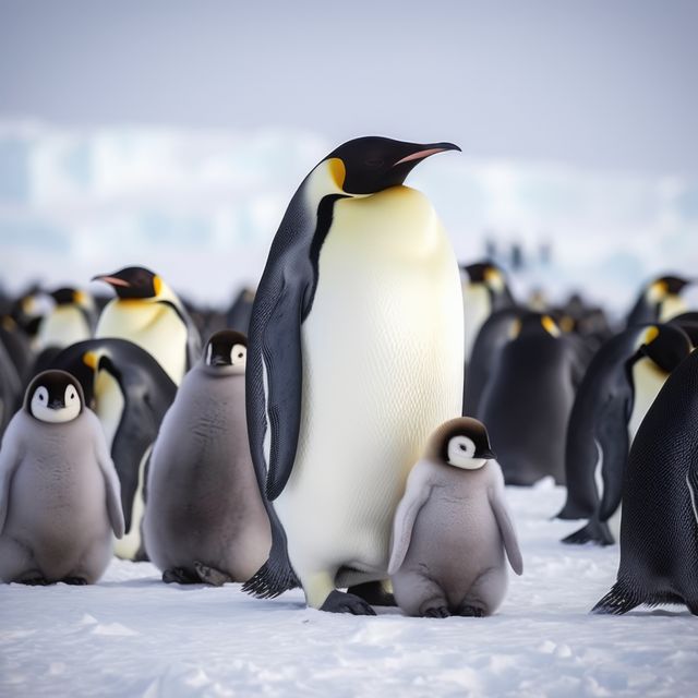 Close up of emperor penguin standing with chicks in snow, created using generative ai technology. Nature, animal and wildlife concept digitally generated image.