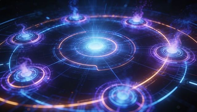 Holographic nexus hub connecting glowing network nodes on futuristic digital grid