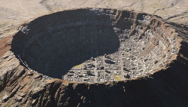 Crater city sprawling inside sunlit circular caldera with terraced cliffs and grid streets