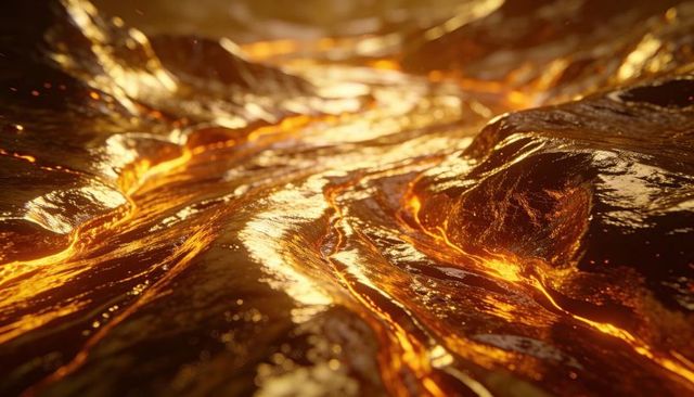 Glowing molten lava channels with glossy dark crust and ember sparks macro texture