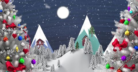 Snowy Christmas Scene with Decorated Trees and Moonlit Sky - Download Free Stock Images Pikwizard.com
