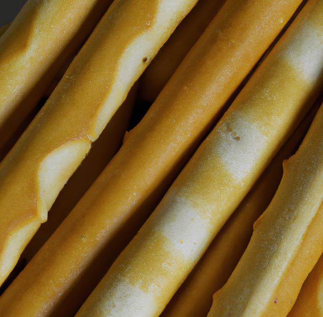Close-up view of crunchy breadsticks showcasing their golden brown texture and baked goodness. Perfect for culinary blogs, food packaging design, snack promotions, or bakery advertisements.