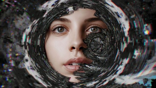 Futuristic Female Portrait in Digital Pixel Vortex