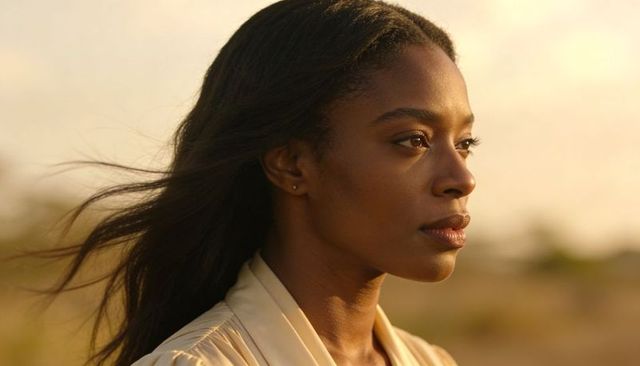 Windblown woman gazing toward horizon at golden hour, serene side-profile beauty portrait