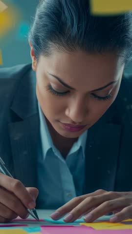 Businesswoman arranging colorful sticky notes with pen for planning and productivity vertical video