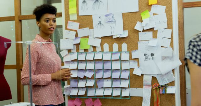 Fashion designer standing in office, reviewing sketches and notes on corkboard. Use for topics on fashion design, creative processes, office work, collaboration.