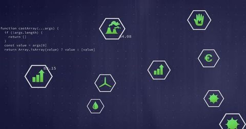 Displaying hexagon icon cluster over JavaScript code for data analytics dashboard