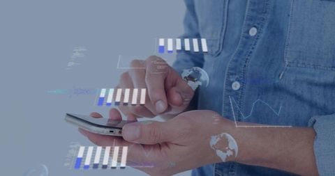Tapping smartphone with interactive data visualization, analytics hud and globe overlays
