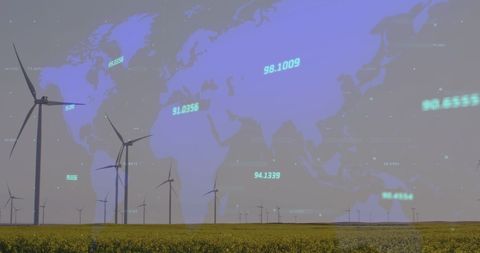 Digital Interface Overlay Wind Farm and Global Map - Download Free Stock Images Pikwizard.com