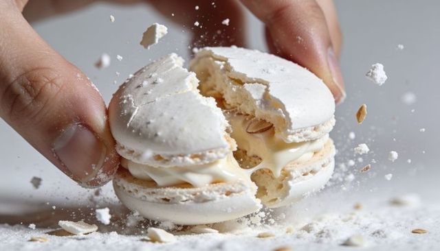 Splitting white macaron with creamy filling oozing, powdered sugar dusting, fingers pulling
