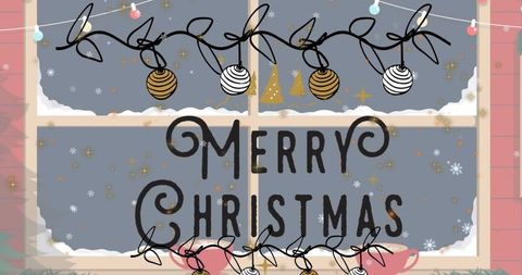 Cozy christmas window with festive lights and greeting