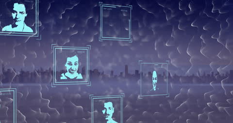 Digital Faces Floating With Futuristic City Skyline