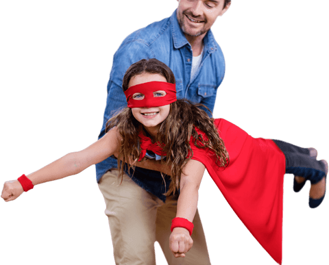 Father and daughter playing superheroes with transparency