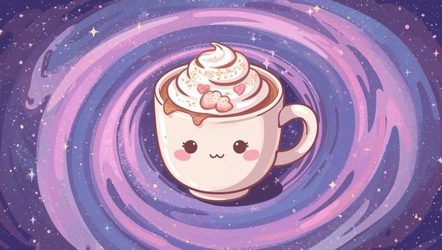 Kawaii floating mug in pastel galaxy with whipped cream, heart marshmallows and sprinkles