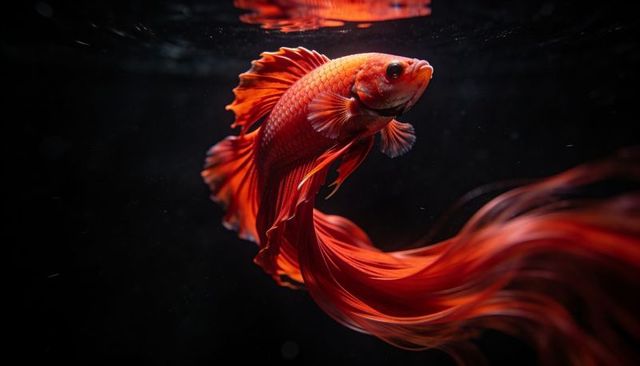 Red betta fish swimming with flowing fins in dark water macro high-contrast bokeh motion