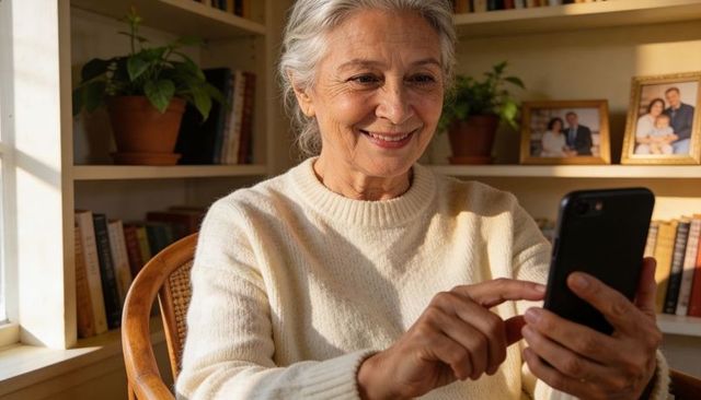 Senior woman smiling and tapping smartphone in sunlit cozy reading nook at home