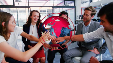 Diverse Team Collaborating with Digital Global Interface in Modern Office